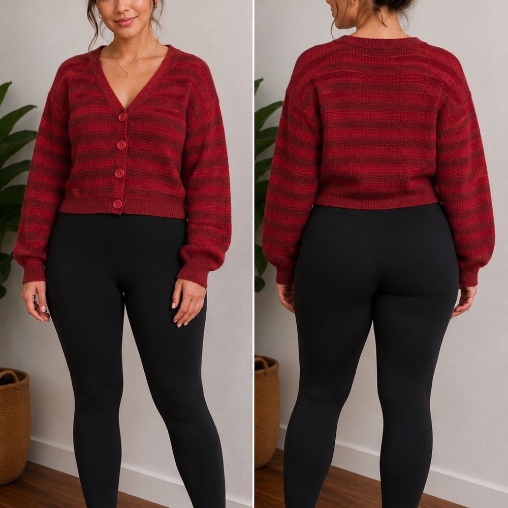 Burgundy Striped Button Front Knit Cardigan | Size s